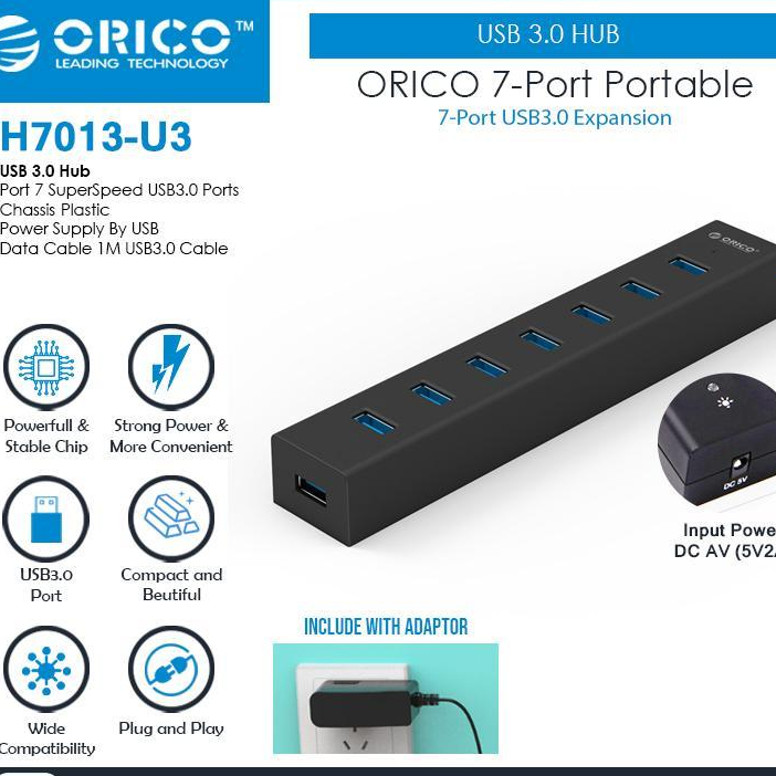 ORICO H7013-U3 ฮับ USB 3.0 แบบพกพา 7 พอร์ต - สีดํา + ADAPTER GUARANTEEED ORIGINAL