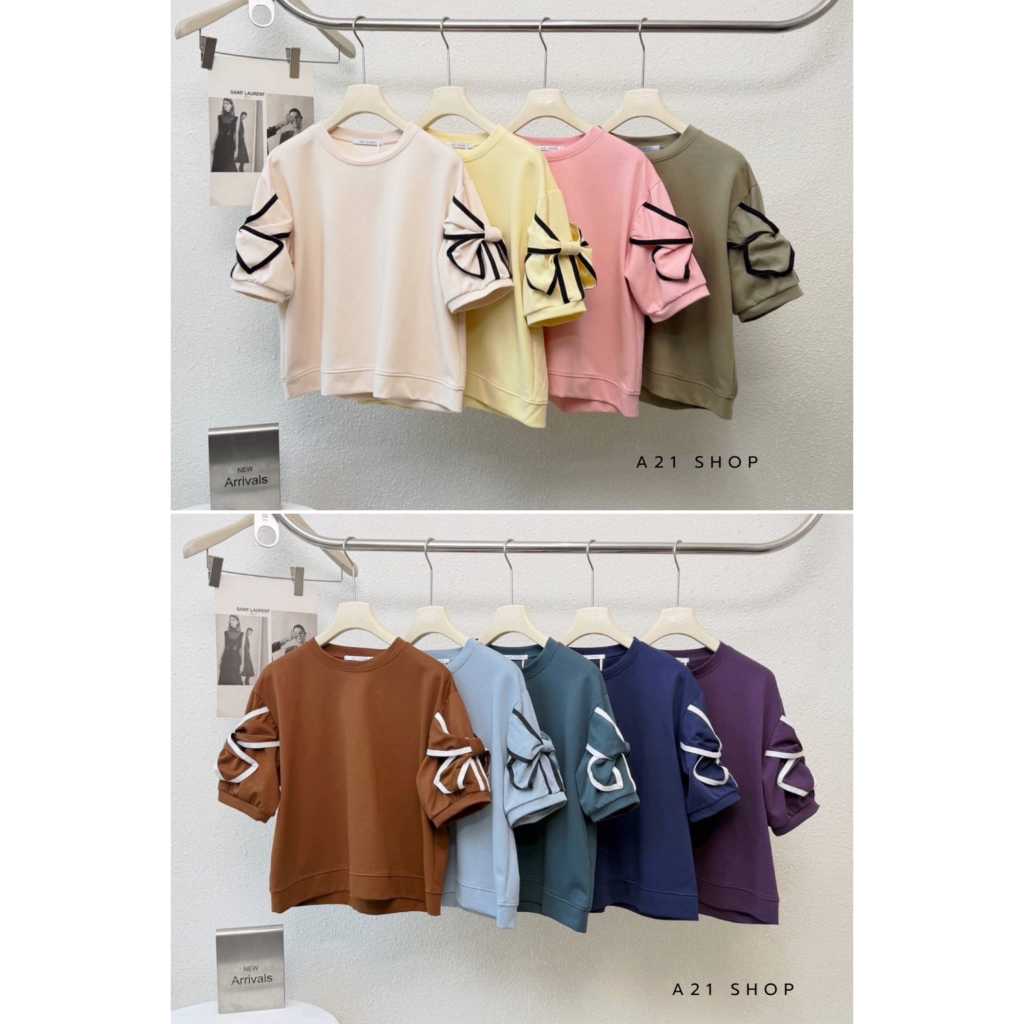 A21 SHOP A21SHOP CHOM - เสื้อเชิ้ตผู้หญิง PLAIN BASIC WITH 3D RAISED RIBBON SLEEVE VARIATIONS