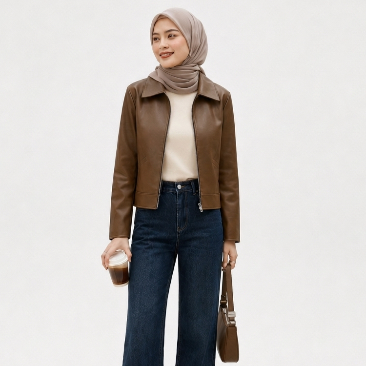 Dhozen Womens Leather Jacket Casual Minimalist Crop Leather Jacket