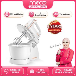 Mecoo Most Aesthetic Hand Mixer with Bowl Stand Base Stand Mixer 170 Low Watt Pengaduk Adonan Kue 5 Kecepatan Presisi Mode Turbo Sistem Lepas-Cepat One-Click 2 Aksesori Baja Tahan Karat Motor Tembaga 170W Kuat Kabel 170cm Desain Berdiri Dudukan Putar