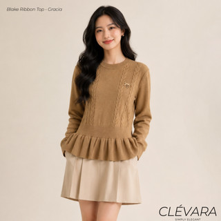 CLÉVARA | Blake Ribbon Top - Atasan Rajut Wanita Lengan Panjang - Sweater - Rajut Halus Import