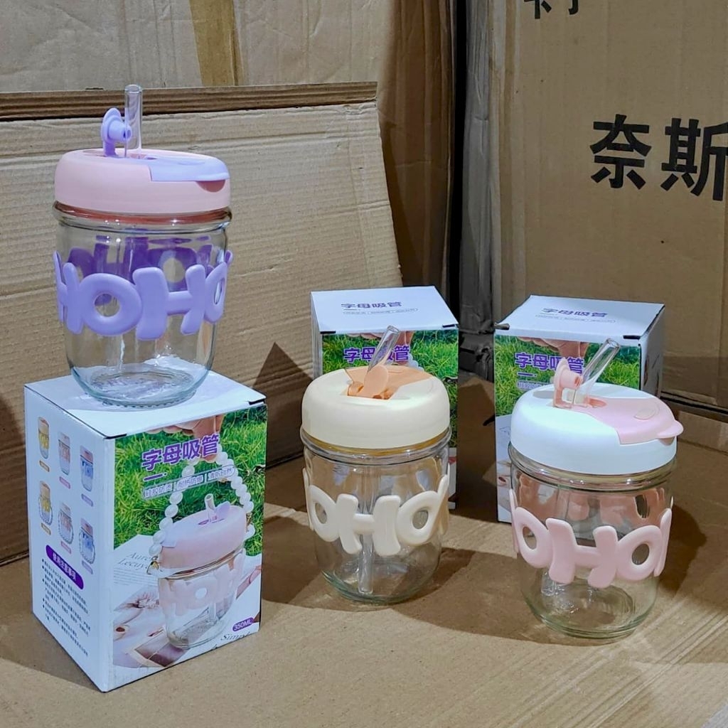 HOHO Glass Cup ORIGINAL BOX 350ml - Cute Aesthetic HOHO Glass Straw Cup