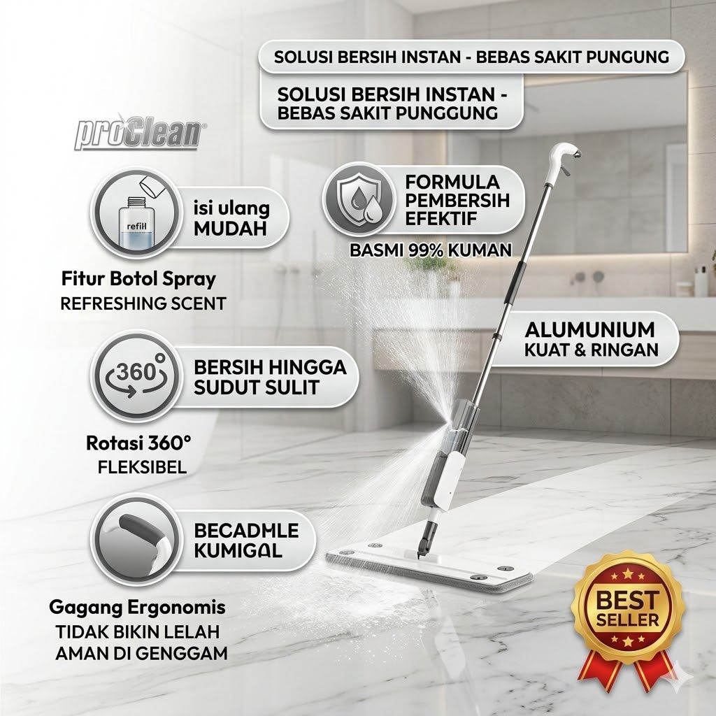 Proclean Spray Flat Mop 2In1 เครื่องมือทําความสะอาด 360 Spray Mop°