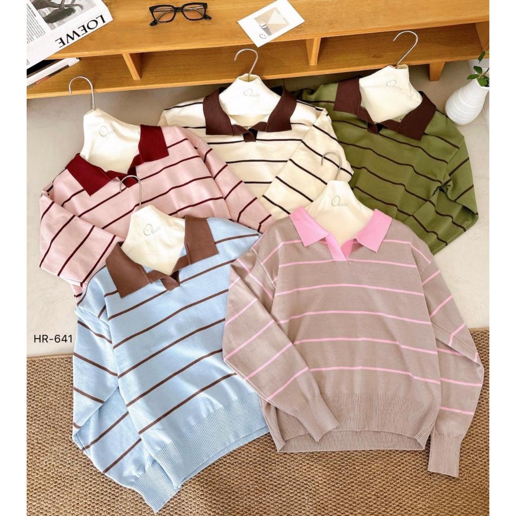 HR-641 Ouni เสื้อคอปกลายทางไม่มีกระดุม (ใหม่)