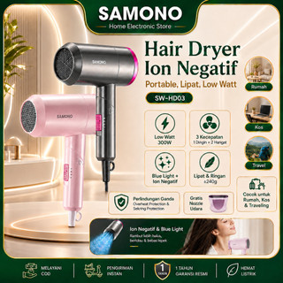 SAMONO Hair Dryer Lipat Ion Negatif Low Watt SW-HD03 300 Watt 3 Kecepatan dengan Angin Dingin dan Hangat Pengering Rambut Portable Ringan Praktis untuk Traveling Hemat Listrik Cocok Untuk Harian