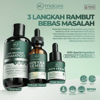 Moicare Hair Care 3 Paket Hair Serum + Shampoo + Minyak Kemiri Extract Ginseng – Mengatasi Rambut Rontok Menumbuhkan Rambut Lebat Halus & Berkilau