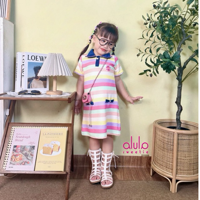 ALS ~ PINKAN ชุดเดรสลายทางสีเต็มรูปแบบระดับพรีเมียมสําหรับเด็กผู้หญิงอายุ 6 เดือน-8 ปีกางเกงยีนส์นุ่