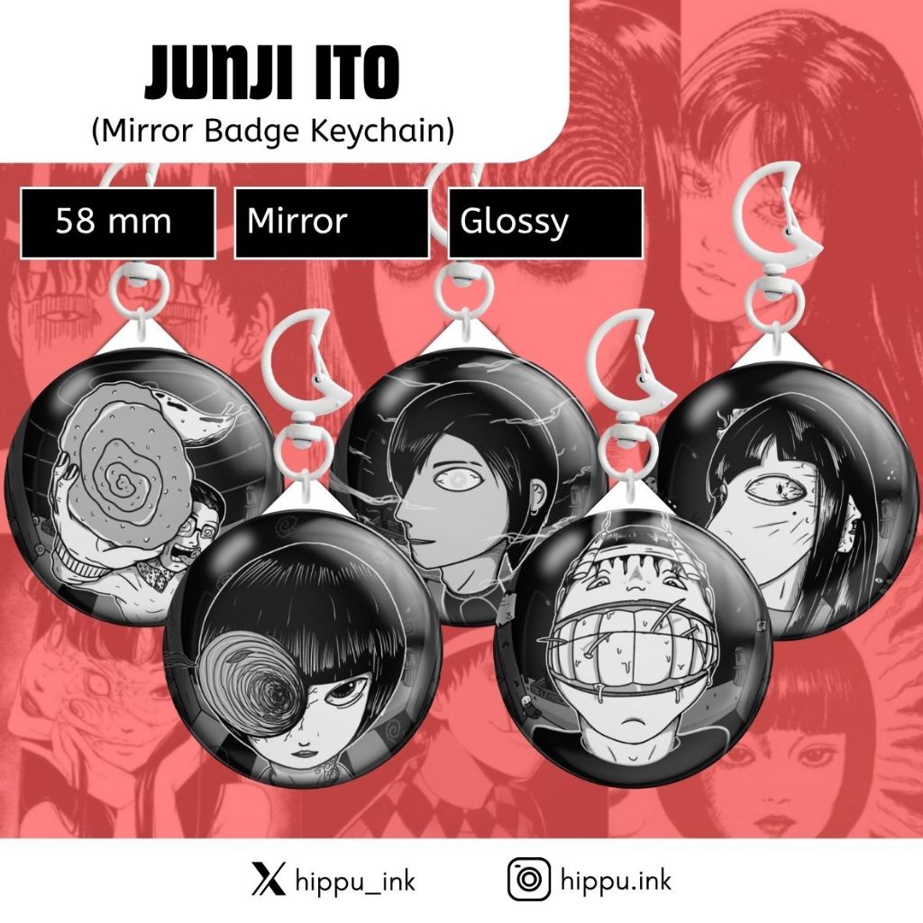 JUNJI ITO พวงกุญแจตรากระจก Tomie, Souichi, Uzumaki, Pretty Boy Fanmerch โดย Hippu Ink