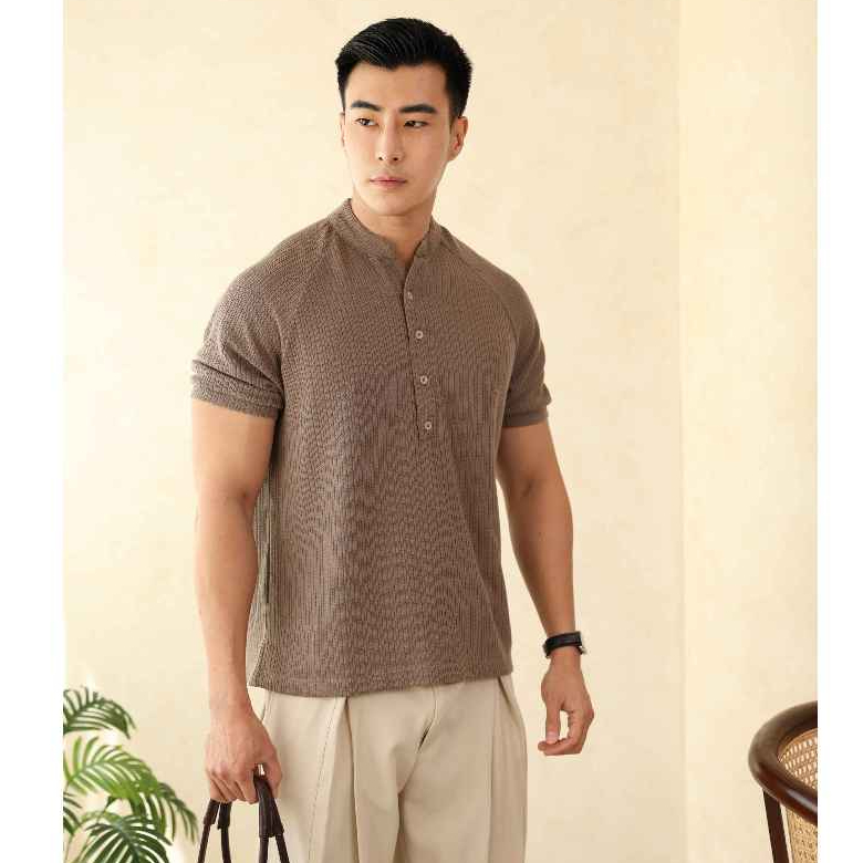 HANEUM - Summer Knit - Mens Henley Short Sleeve - Henley Knit Shirt BOXY
