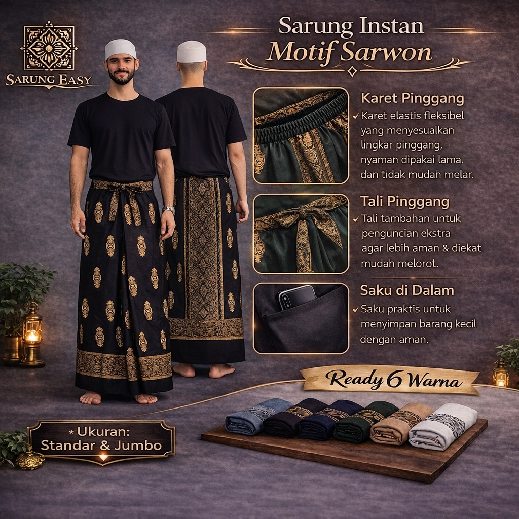 Sarwon Modern Adult Instant Sarong | รุ่นเรียบง่ายมีกระเป๋าและสายรัด | เหมาะสําหรับบูชาและผ่อนคลาย