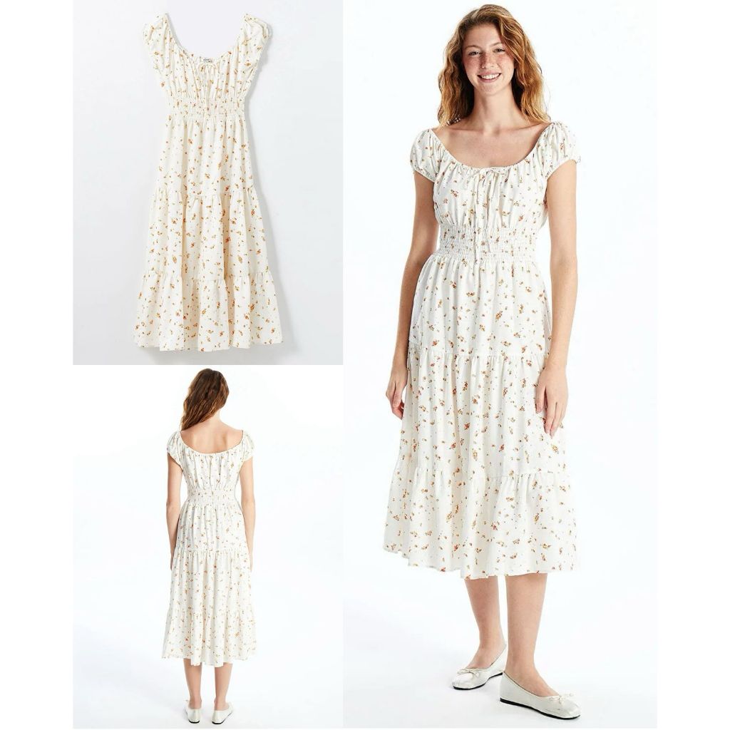 ชุดเดรส Midi คอสี่เหลี่ยมผู้หญิงหรูหราในวัสดุ Linen-Blend | ชุดเดรสผู้หญิงคอเหลี่ยมลายดอกไม้ผ้าลินิน