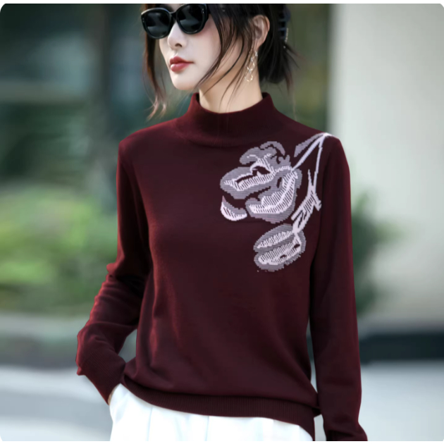 เสื้อไหมพรมแขนยาว jacquard ปักสไตล์จีนหนาคอปกสูงสไตล์ฤดูใบไม้ร่วง/ฤดูหนาวล่าสุดเหมาะสําหรับแขวนเสื้อ