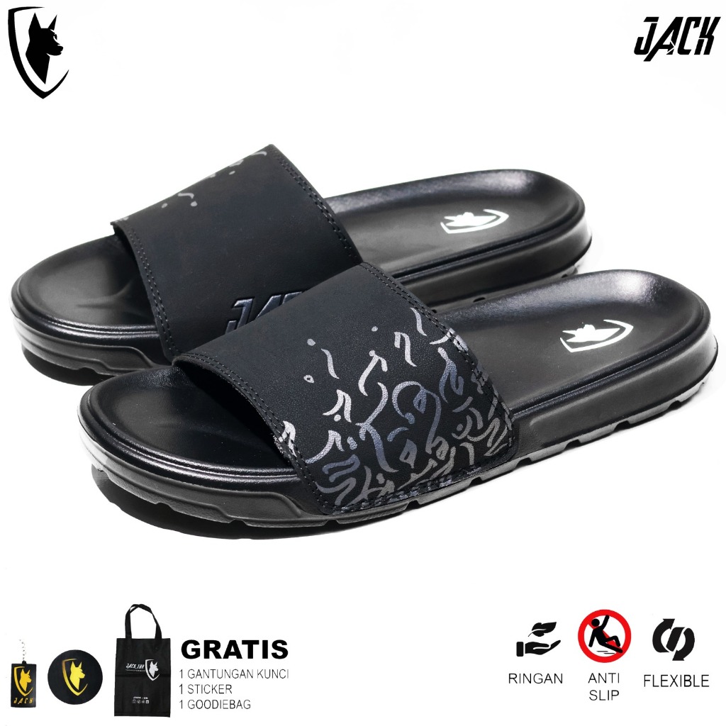 JACK IDN รองเท้าแตะผู้ชายสไลด์ Flip Flop รองเท้าแตะ | WINGS BLACK REFLECTIVE EMBOSSED