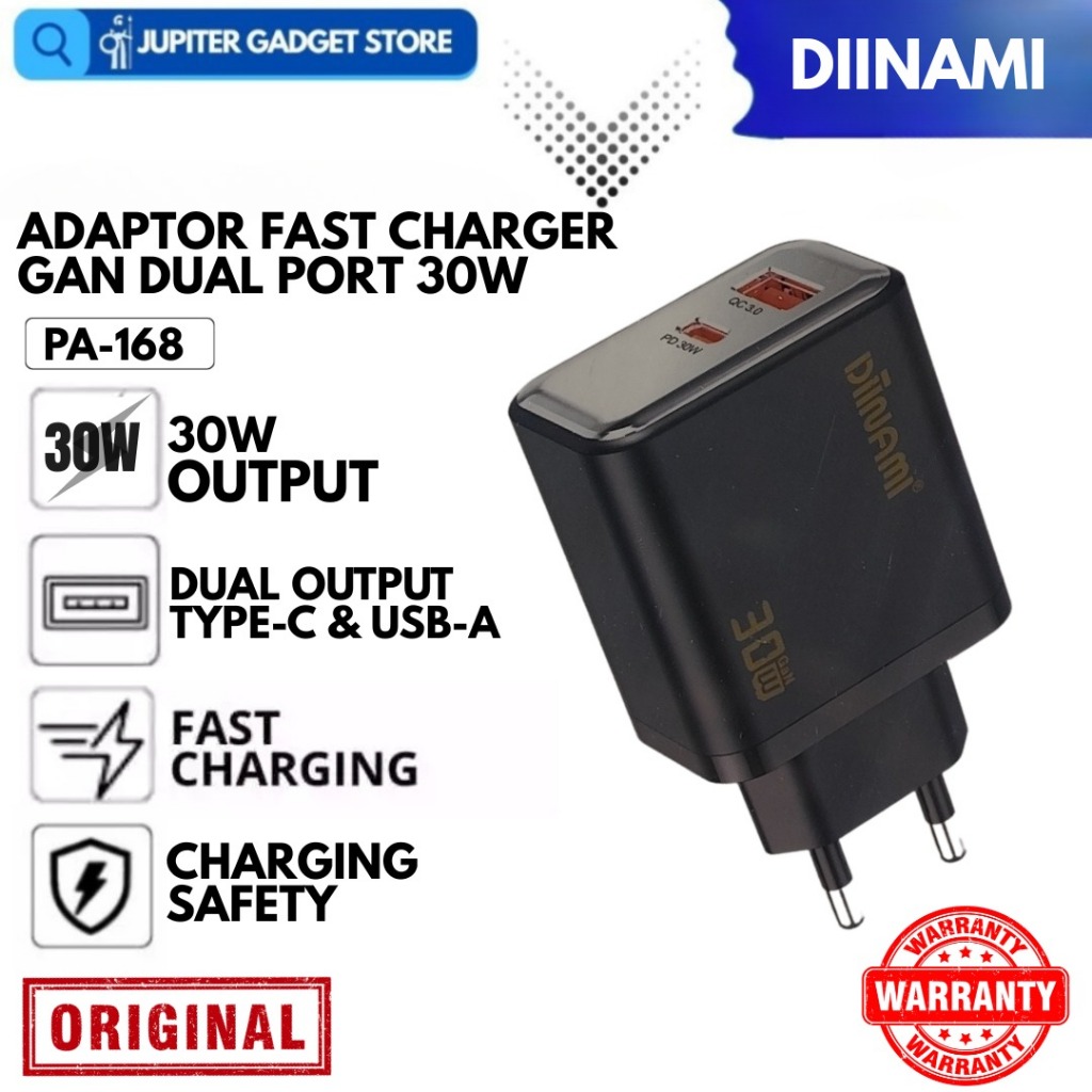 Diinami PA-168 Dual Port USB-A USB-C 30W อะแดปเตอร์ GaN Fast Charging