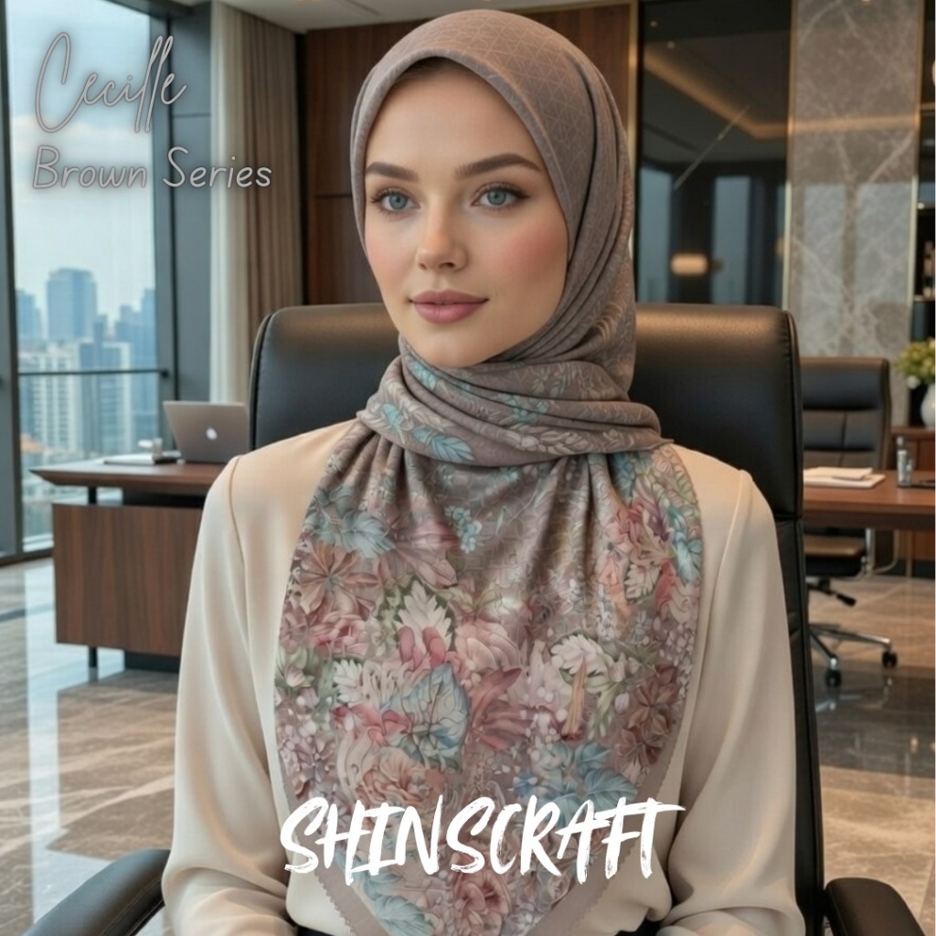 SHINSCRAFT Cecille Brown Series – Premium Voile Square Hijab 110x110 พิมพ์ลายสีน้ําตาลเรียบหรู นุ่ม 