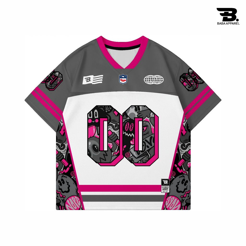 Baba Apparel Jersey Vintage Doodle 00 สีเทาสีชมพู Streetwear/รักบี้/Retro/Oversize/ลําลอง/ฮอกกี้/เบส
