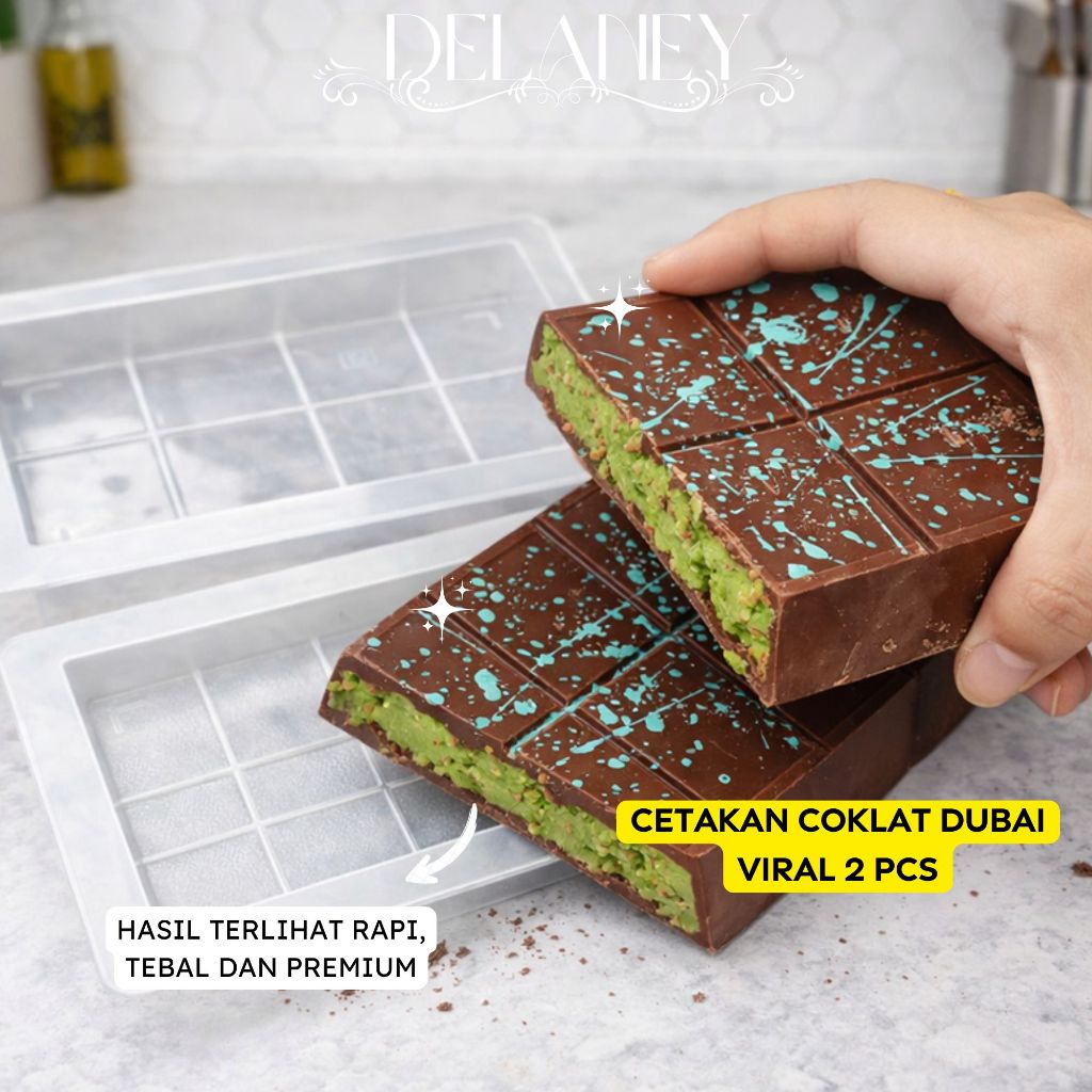 Delaney Viral Dubai Chocolate Mold 2 ชิ้น - แม่พิมพ์พลาสติกเกรดอาหาร Chocolate Bar หนา 2 ซม.