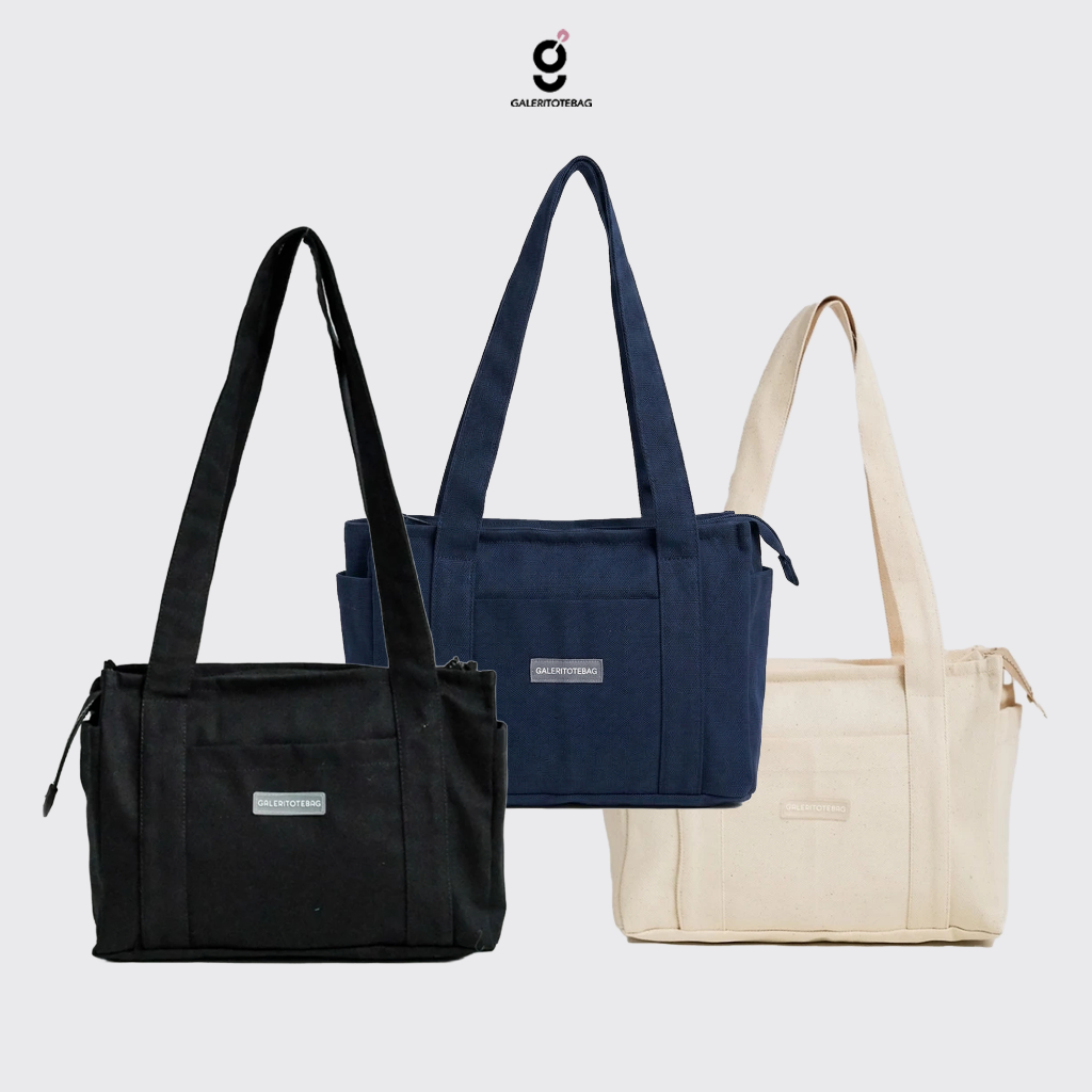 GREIGE 3 POCKETS PLAIN CANVAS TOTEBAG/ TOTEBAG