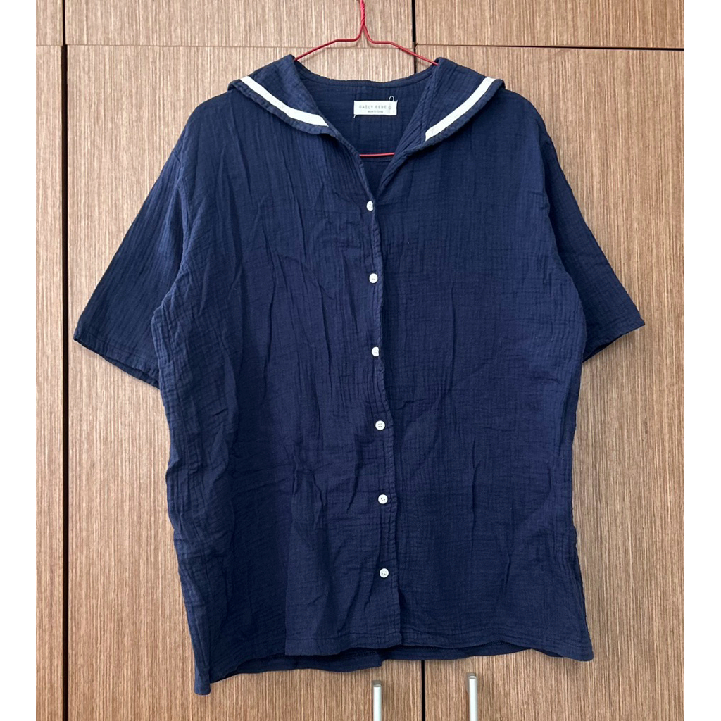 KEMEJA KATUN Daily bebe navy sailor top เสื้อเชิ้ตผ้าฝ้ายแขนสั้นเต็มปุ่ม