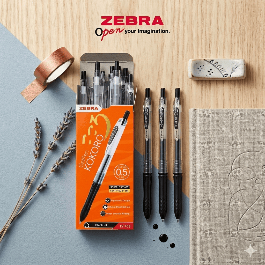 [จัดส่งด่วน IMMEDIATELY] ปากกาเจล ZEBRA Kokoro 12 ชิ้น 0.5 มม. ปากกาเจลแบบพับเก็บได้สีดําหมึกสีน้ําเ