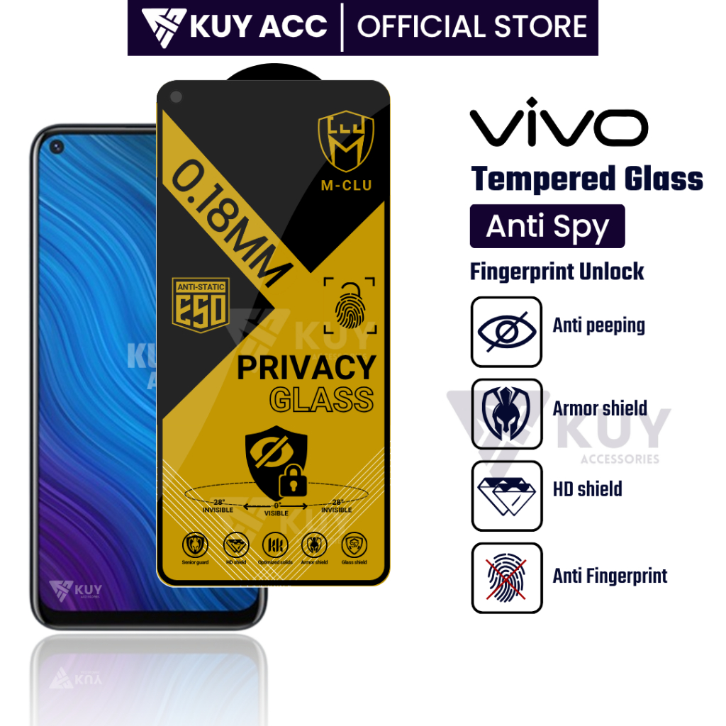 KUY – กระจกนิรภัย ESD Anti Spy 0.18 Ultra Thin Vivo Y30i Y30 5G Y30 Y50 Y50i Y50T Z1 Pro Z5x Z5 Z3x 