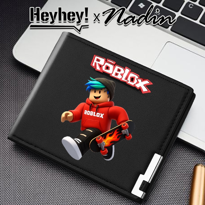 กระเป๋าสตางค์หนัง Unisex สําหรับผู้ใหญ่และเด็ก 2 พับ 4 ใบ 12x10x1.5cm สีดํา ROBLOX SKATE MOTIF