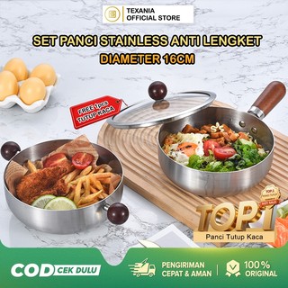 TEXANIA Set Panci Stainless Anti Lengket Diameter 16cm+FREE 1PCS TUTUP KACA