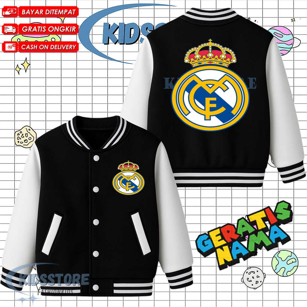 Real Madrid Kids Varsity Jacket - Real Madrid Unisex Varsity Jacket สําหรับเด็กชายและเด็กหญิงฟรี NAM