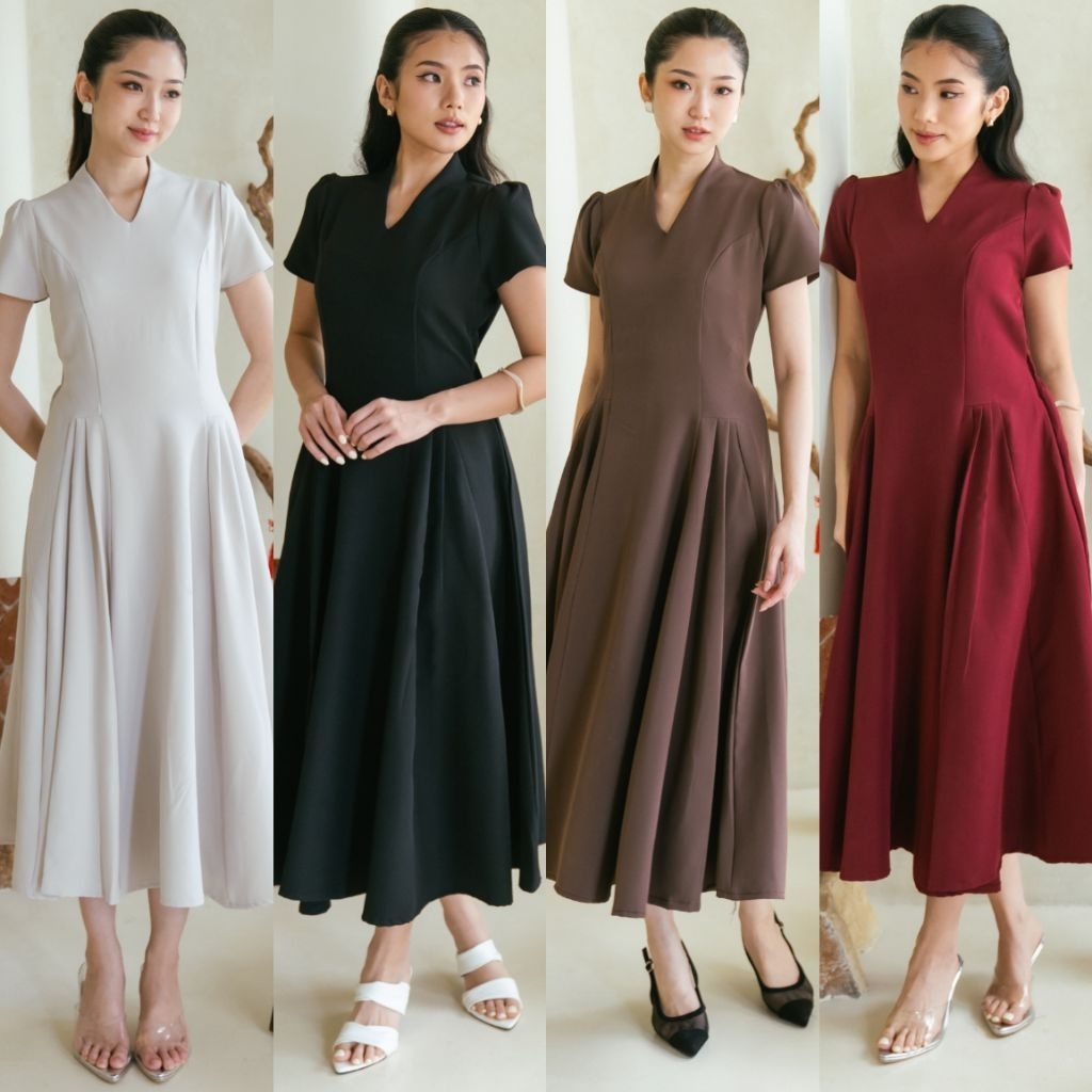 โลคาล์ !!️ RECOMMENDED - !!️ IND PREMIUM LOCAL !! ️ LOUZIANA VINTAGE ELEGANT V-NECK PLAIN FLARE MIDI TWILL DRESS