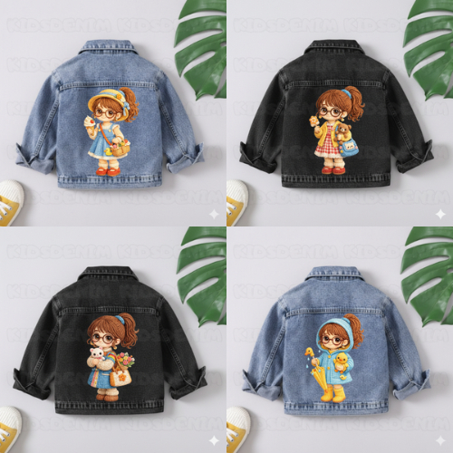 เสื้อแจ็คเก็ตยีนส์ GIRLS พร้อมแก้วน่ารักสําหรับ AGES 1-7 YEARS SNOW BLUE & SNOW BLACK