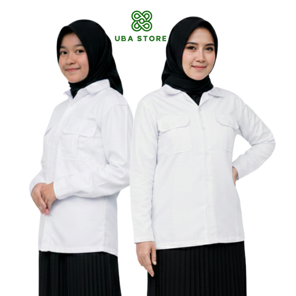 KEMEJA เสื้อเชิ้ตทํางาน Pdh สีขาวต่อต้านริ้วรอยระดับพรีเมียมของผู้หญิงแขนสั้นคอปกไหล่ยาว
