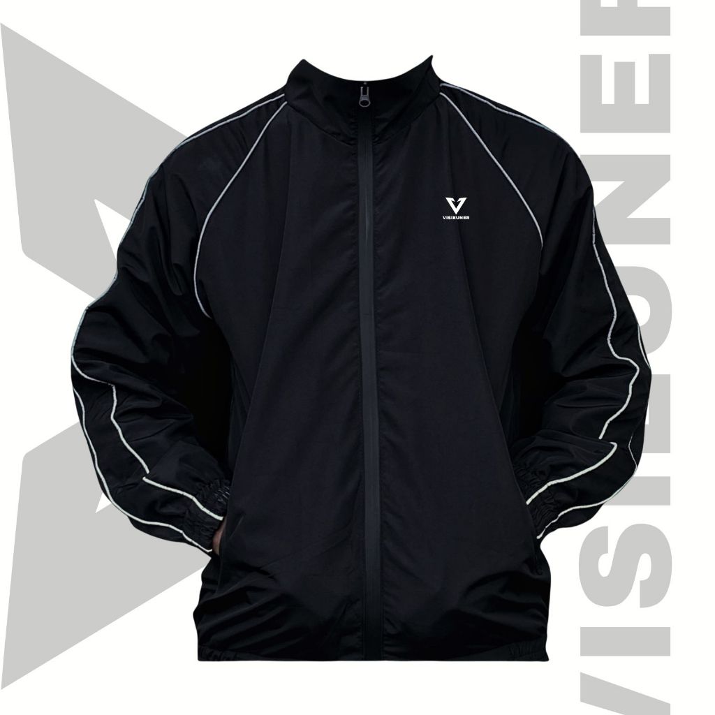 Tracktop Jacket เสื้อแจ็คเก็ตลําลอง คอปกสีดํา กันน้ํา