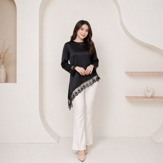 ALUNA Silk Lace Top - Atasan Lengan Panjang Wanita Kekinian Basic Lace Brokat Satin Ready Stock