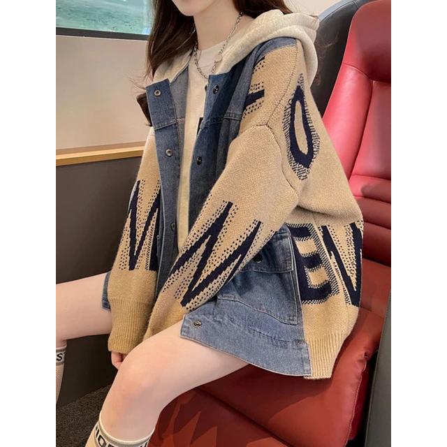 OVERSIZED DENIM JACKET PATCH WORK JACKET ZIPPER ZIGZAG ผู้หญิงสไตล์เกาหลี