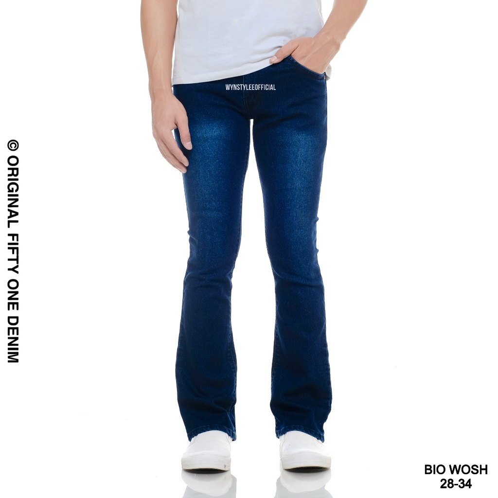ผู้ชายยาว Cutbray กางเกงยีนส์ Biowash Scrup ยืด Denim วัสดุ Denim Bootcut กางเกงกึ่ง Cutbray Fiftyon