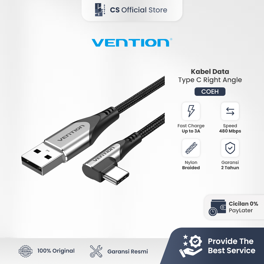 Vention สาย USB 2.0 ถึง Type C การออกแบบข้อศอกมุมขวา Fast Charging 3A สายชาร์จ - COEH 0.25M 0.5M 1M 