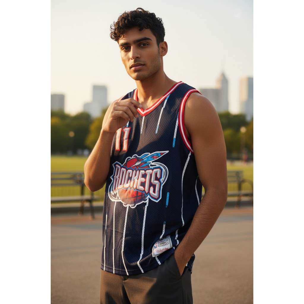 พรีเมี่ยมนําเข้า CLASSIC HWC ROCKETS 11 YAO MING NAVY LOGO MN BASKETBALL JERSEY