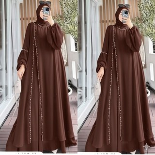 Nadinne Dress Ceruty Babydoll Full Furing Abaya Kekinian Aplikasi Mute Mewah Pakaian Wanita Muslimah