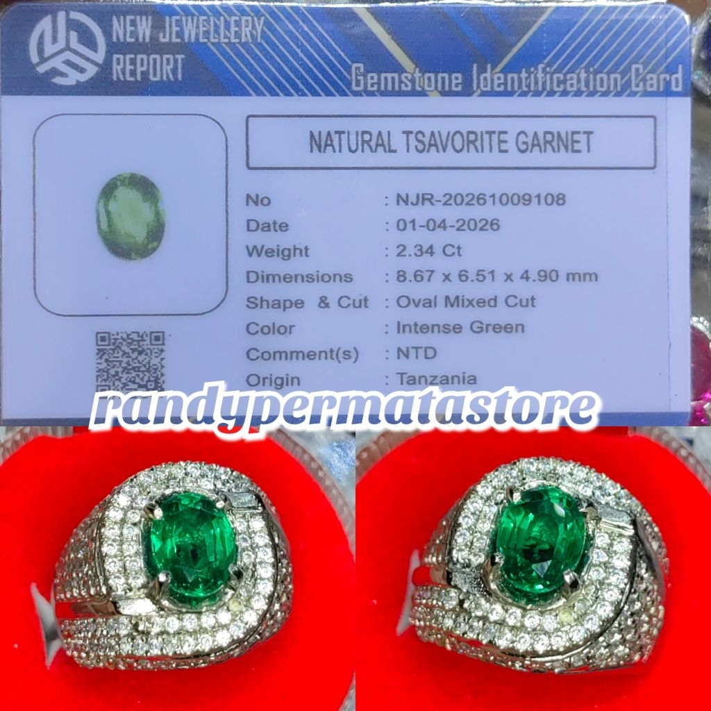 Natural Green Tsavorite Garnet Clean Top Luster Instens แหวนพลอยสีเขียว + บันทึกแล็บ