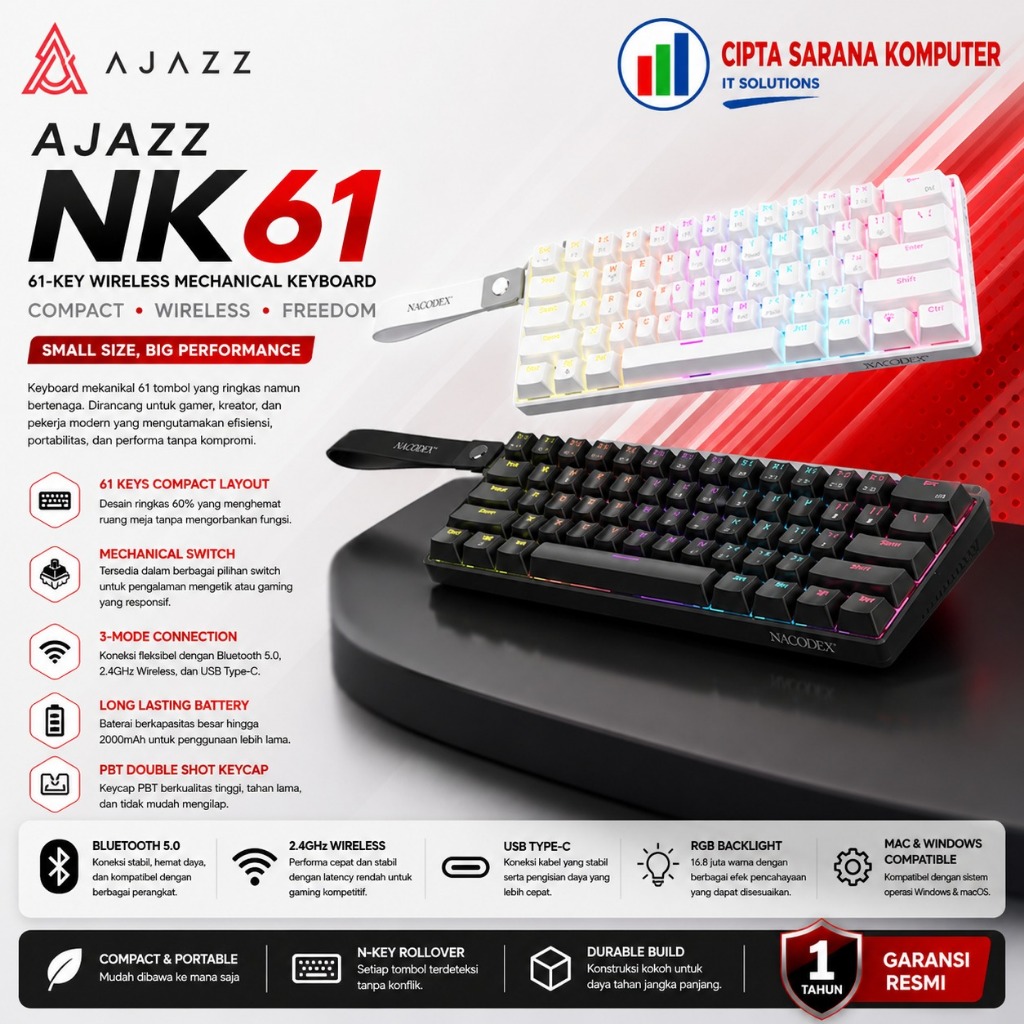 AJAZZ NK61 คีย์บอร์ดเกมแบบมีสายสวิตช์แบบถอดได้กลไก - ไฟ RGB โดยรอบ