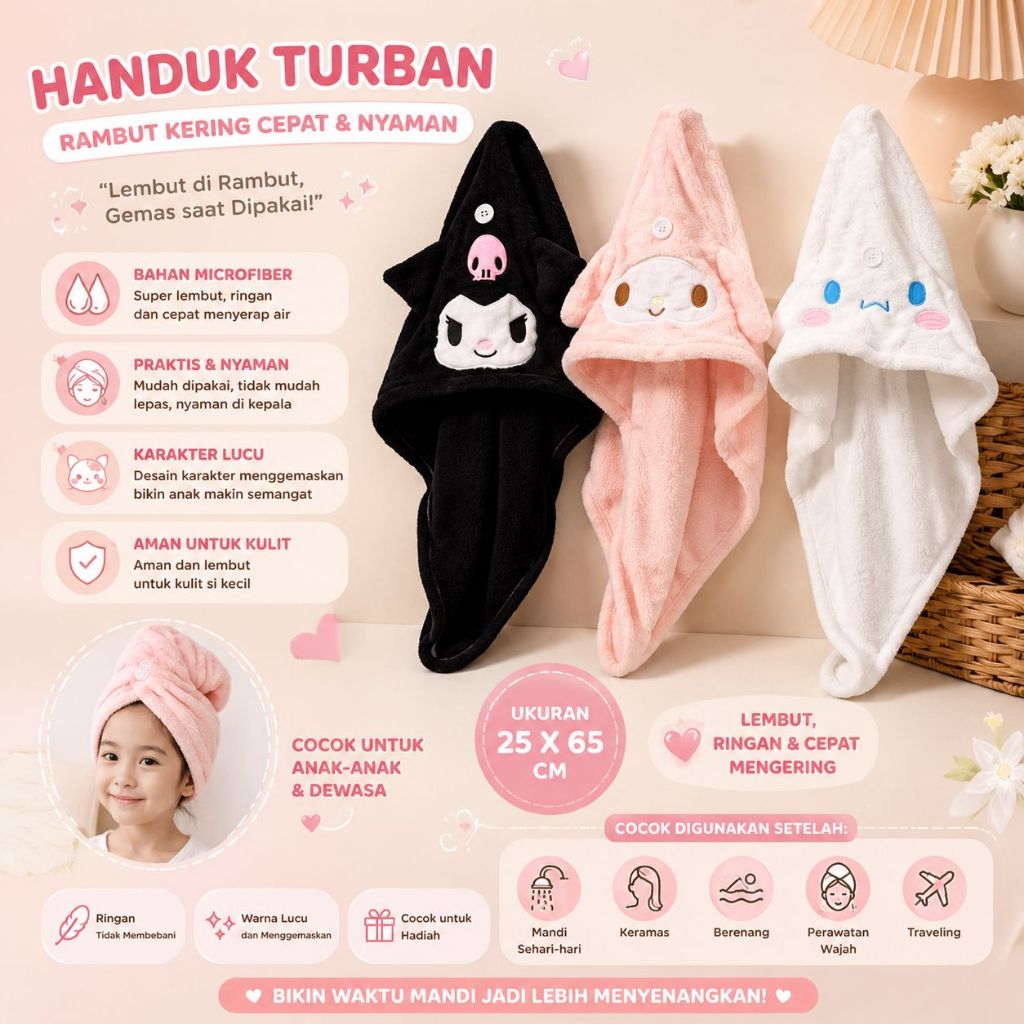 SANRIO HAIR TOWEL DRY HAIR TOWEL ADULT HEAD SHOWER CAP HAIR TOWEL แชมพูแห้งเร็ว