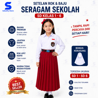 Setelan Seragam Sekolah SD Anak Perempuan Merah Putih Pramuka Putih Kelas 1 Sampai 6 Bonus Kerudung