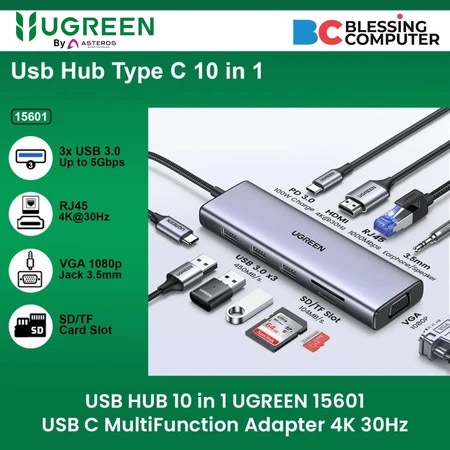 USB HUB 10 in 1 UGREEN 15601 อะแดปเตอร์มัลติฟังก์ชั่น USB C 4K 30Hz