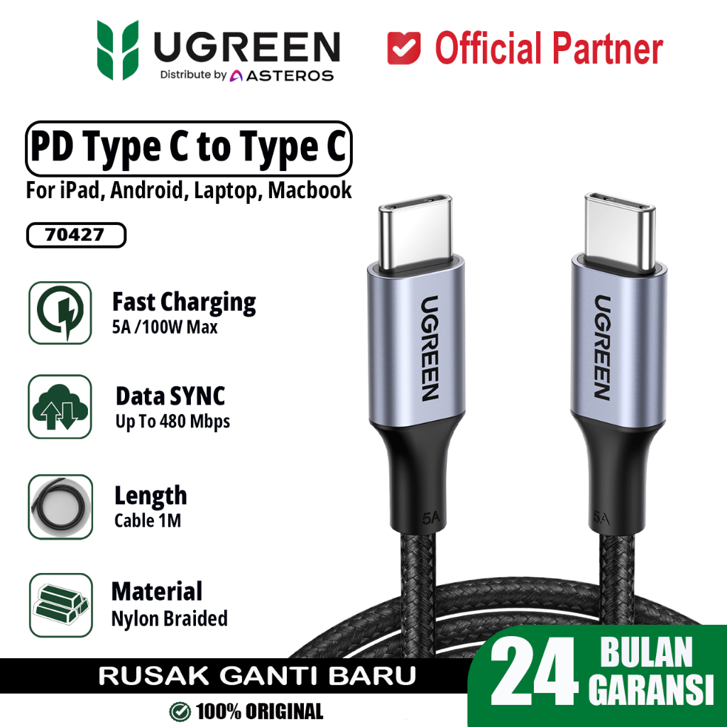 UGREEN USB Type C ถึง Type C PD QC 4.0 2M 5A 100W Super Fast สายชาร์จข้อมูล 70427 100 ซม.70429 200 ซ