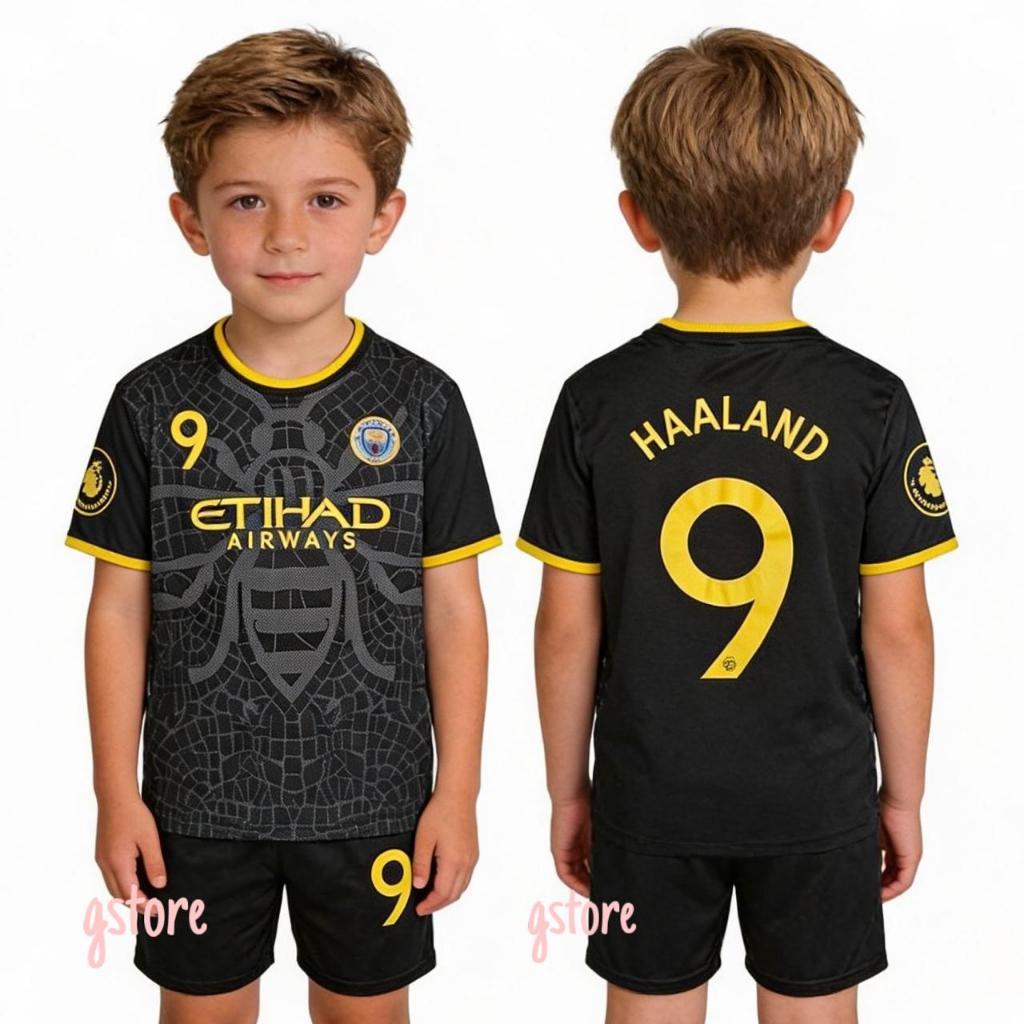 Haaland mbappe city ชุดเสื้อฟุตบอลเด็กสีดําชุดฟุตบอลฤดูกาลล่าสุดเสื้อฟุตซอลครบชุดคุณภาพแห้งเร็วสบาย