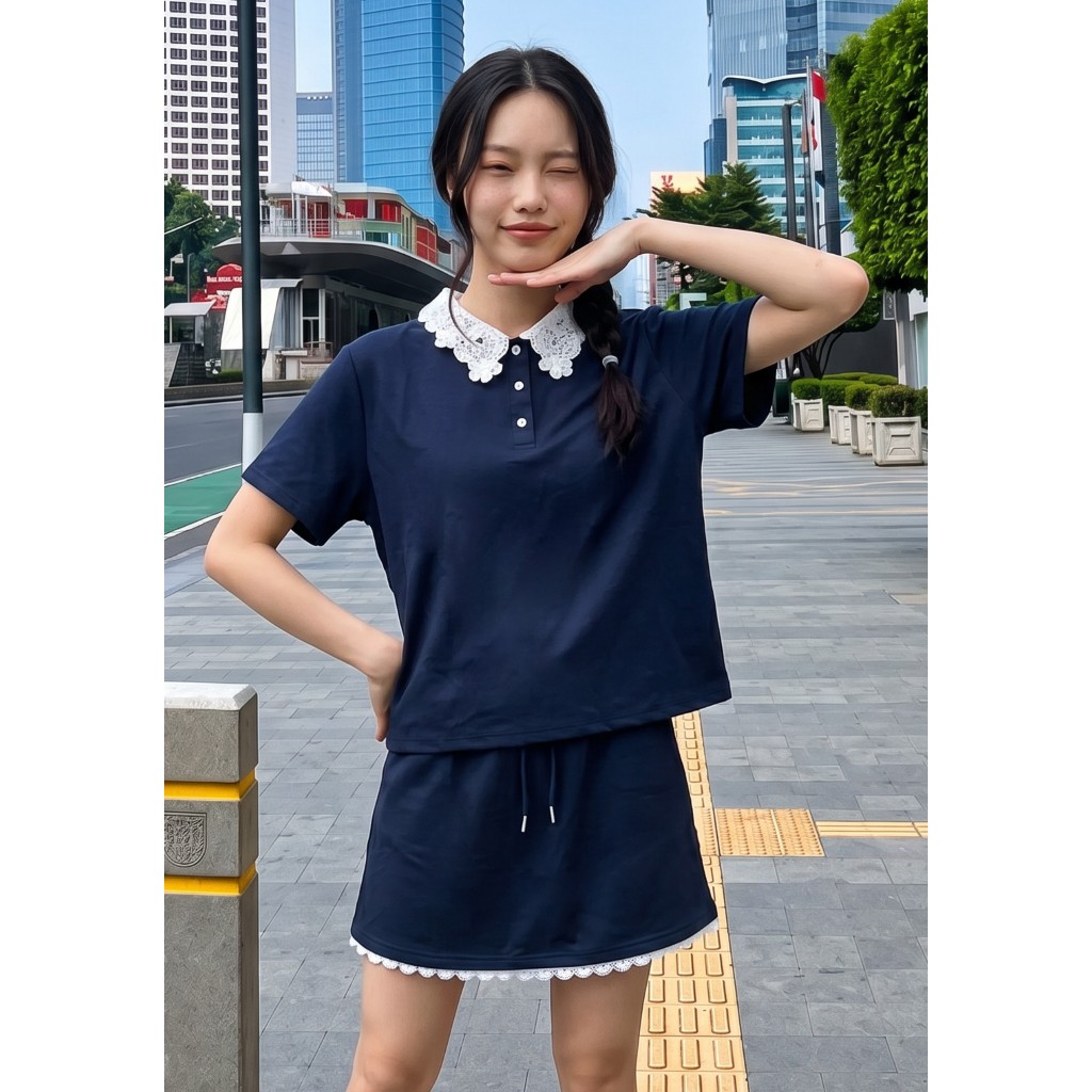 JR NRC 2 ชิ้นชุดคอปกลูกไม้โปโลและขอบลูกไม้ Skort