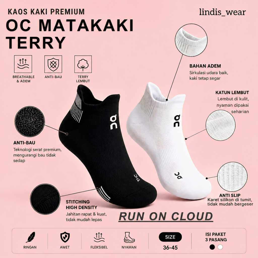 (3 PAIRS) UK 35-46 OC/ON Cloud ถุงเท้าผู้ชายและผู้หญิง | เหมาะสําหรับการวิ่ง Gym & Casual Y34 VSTR LSTR