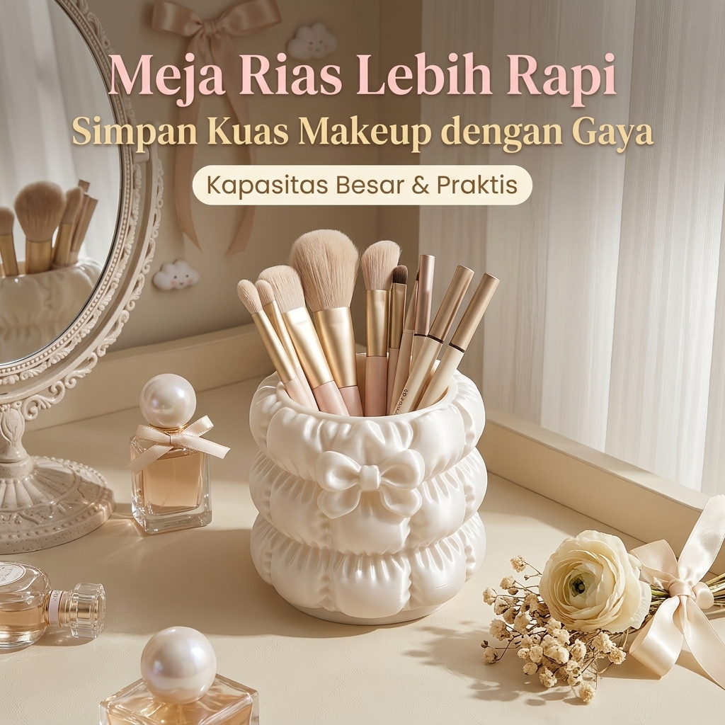 Aesthetic Puffy Ribbon Makeup Brush Holder / Makeup Brush Holder Organizer Comb Holder Korean Style 