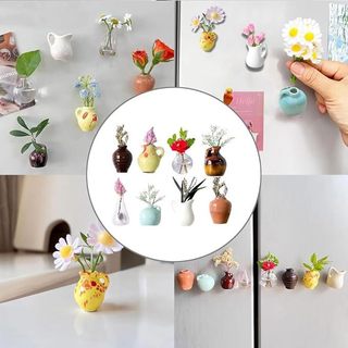 Magnet kulkas vas keramik lucu gaya Ins set dekorasi tanaman kreatif personalisasi 3D magnet mini