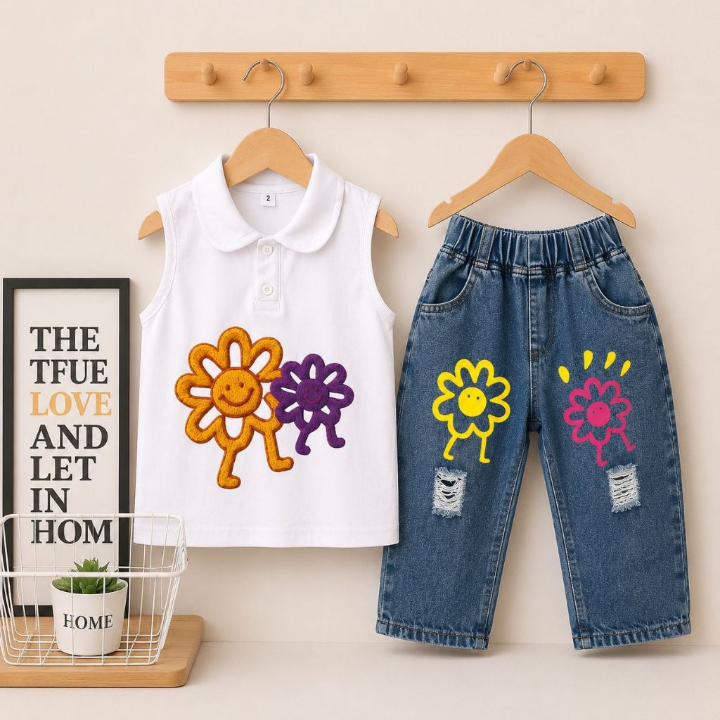 GIRLS SUITS 1-5 YEARS OLD COLORFUL FLOWER MOTIF DENIM OUTFIT